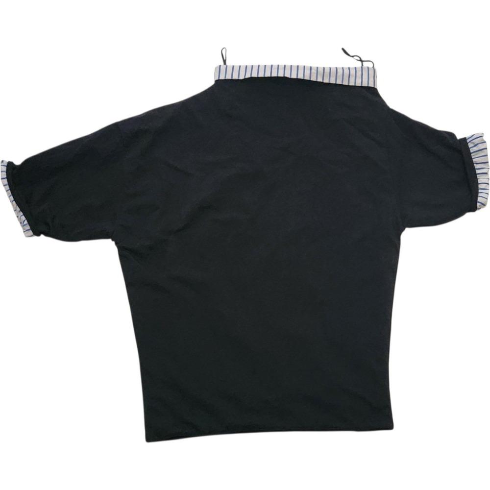 Dries Van Noten Women Black Cotton Striped Trim Boat Neck Short Sleeve Top Small